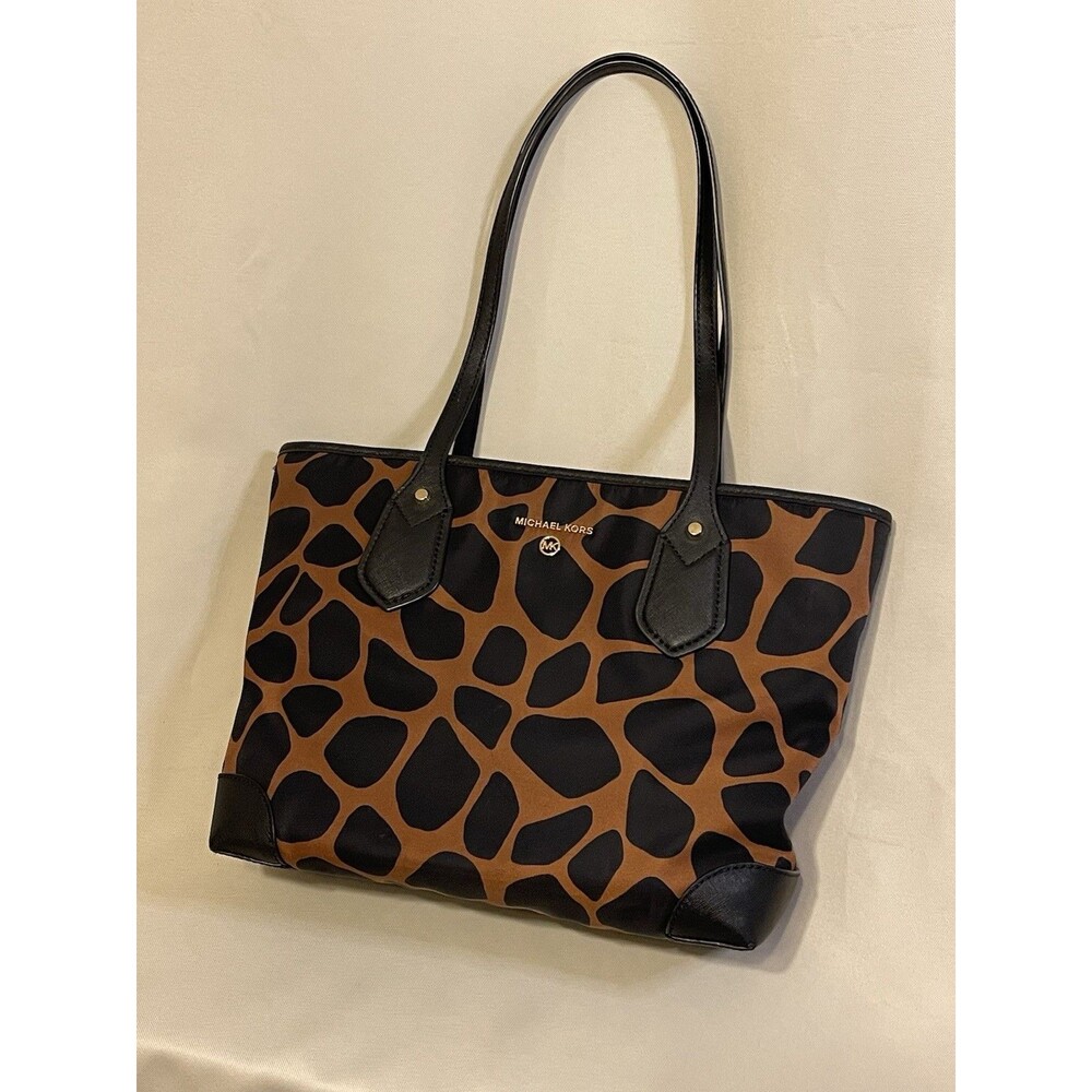 Michael Kors Brown Black Animal Print Tote Shoulder Bag Zip Top Gold Hardware